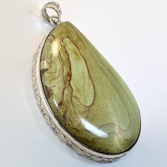 Jasper Pendant, Massive, Moss Green, Rusty Browns, Sterling Silver, Statement - Picture 2 of 5